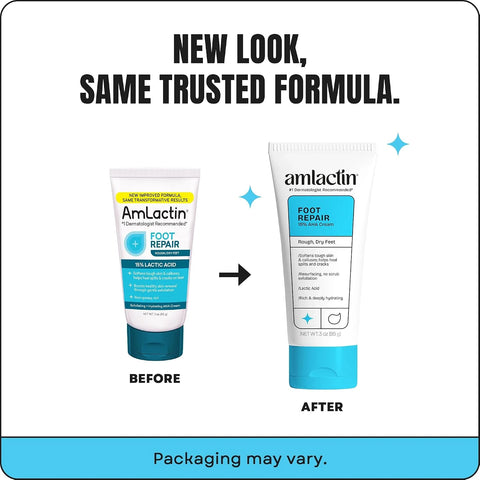 AmLactin Foot Repair Cream - Therapeutic Foot Cream for Dry Cracked Heels and Feet - Callus Softener - No-Scrub Exfoliator and Moisturizer with 15% Lactic Acid AHA - 3 oz (Packaging May Vary)