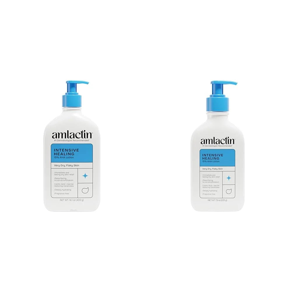 AmLactin Intensive Healing Body Lotion for Dry Skin - 14.1 oz and 7.9 oz Pump Bottles - 2-in-1 Exfoliator & Moisturizer with Ceramides & 15% Lactic Acid