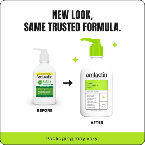AmLactin Daily Nourish Therapeutic Body Lotion for Dry Skin - No-Scrub Exfoliator and Moisturizer - AmLactin 12% Lactic Acid Lotion, 7.9 oz (Packaging May Vary)