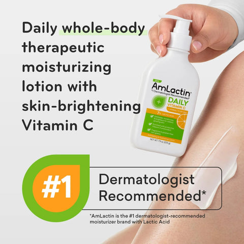AmLactin Daily Vitamin C Lotion – Brightening Body Lotion for Dry Skin - No-Scrub Exfoliator and Moisturizer with 7% Lactic Acid AHA and Vitamin C, 7.9 oz (Packaging May Vary)